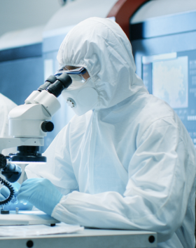 Sterile compounding pharmacy employee microscope